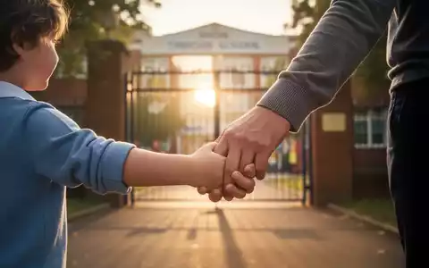 Eine Kinderhand hält eine Elternhand, beide greifen nach einem hell beleuchteten Schultor in der Ferne. - Foto: über boerse-global.de
