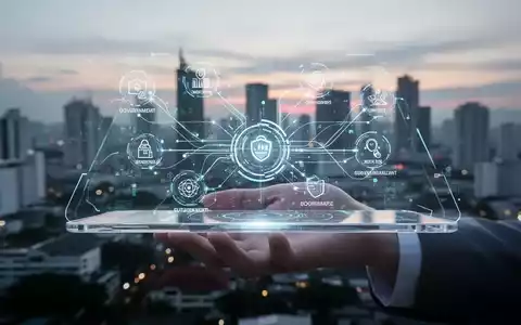 A hand holding a transparent digital tablet showcasing interconnected government services, with a blurred cityscape in the background. - Foto: über boerse-global.de