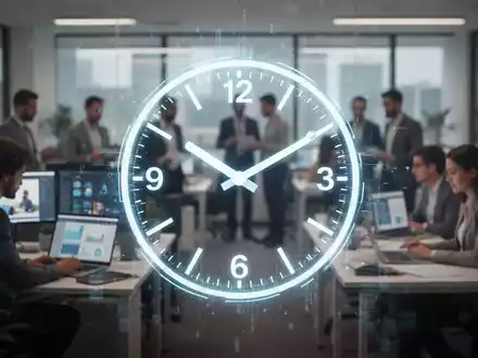 Eine stilisierte, verschwommene Büroumgebung mit einer leuchtenden digitalen Uhr, die flexible Arbeitszeiten und digitale Zeiterfassung symbolisiert. - Foto: über boerse-global.de