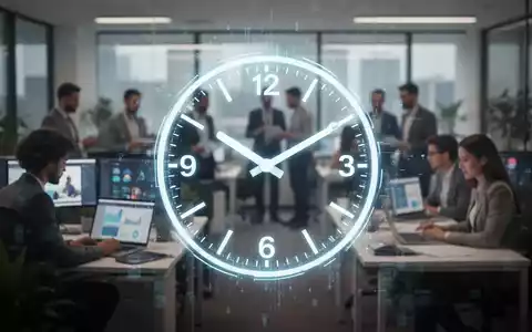 Eine stilisierte, verschwommene Büroumgebung mit einer leuchtenden digitalen Uhr, die flexible Arbeitszeiten und digitale Zeiterfassung symbolisiert. - Foto: über boerse-global.de