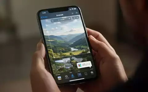 A hand holds an iPhone displaying the Photos app with an AI 'Extend' tool. A landscape image on the screen is being expanded. - Foto: über boerse-global.de