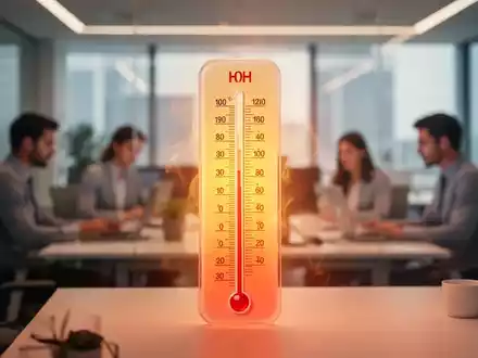 Ein Thermometer zeigt hohe Temperaturen in einem modernen Büro mit verschwommenen arbeitenden Personen im Hintergrund. - Foto: über boerse-global.de