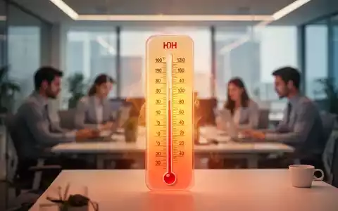 Ein Thermometer zeigt hohe Temperaturen in einem modernen Büro mit verschwommenen arbeitenden Personen im Hintergrund. - Foto: über boerse-global.de
