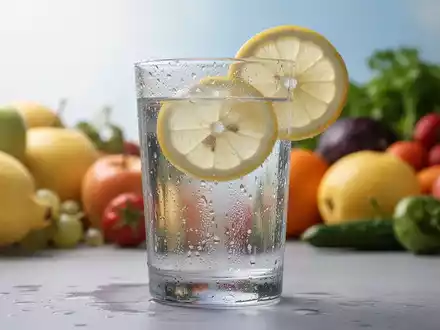 Ein klares Glas Wasser mit Zitrone und Kondensation, umgeben von frischen Sommerfrüchten und -gemüse, die Hydratation und gesunde Ernährung symbolisieren. - Foto: über boerse-global.de
