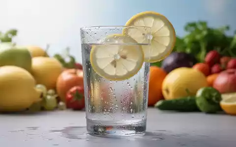 Ein klares Glas Wasser mit Zitrone und Kondensation, umgeben von frischen Sommerfrüchten und -gemüse, die Hydratation und gesunde Ernährung symbolisieren. - Foto: über boerse-global.de