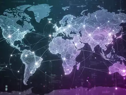 Ein futuristisches digitales Netzwerk, das eine Weltkarte überlagert, mit leuchtenden Verbindungslinien und Datenknotenpunkten. - Foto: über boerse-global.de