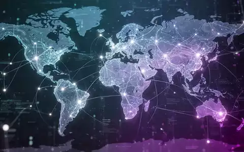 Ein futuristisches digitales Netzwerk, das eine Weltkarte überlagert, mit leuchtenden Verbindungslinien und Datenknotenpunkten. - Foto: über boerse-global.de