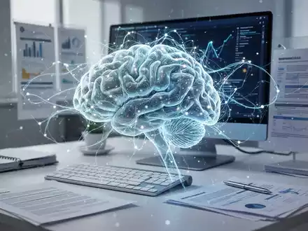 Ein stilisiertes, leuchtendes KI-Gehirn, das sich mit klassischen Büromaterialien wie Tastatur und Monitor verbindet. - Foto: über boerse-global.de