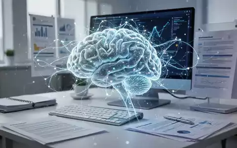 Ein stilisiertes, leuchtendes KI-Gehirn, das sich mit klassischen Büromaterialien wie Tastatur und Monitor verbindet. - Foto: über boerse-global.de