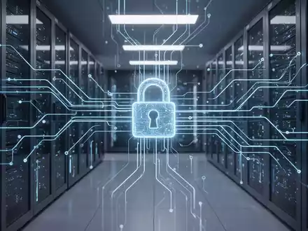 Ein stilisiertes Rechenzentrum mit leuchtenden blauen Linien, die Datenflüsse und digitale Sicherheit symbolisieren, und einem integrierten Vorhängeschloss-Symbol. - Foto: über boerse-global.de