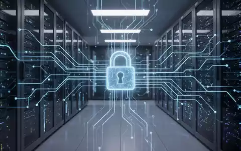Ein stilisiertes Rechenzentrum mit leuchtenden blauen Linien, die Datenflüsse und digitale Sicherheit symbolisieren, und einem integrierten Vorhängeschloss-Symbol. - Foto: über boerse-global.de