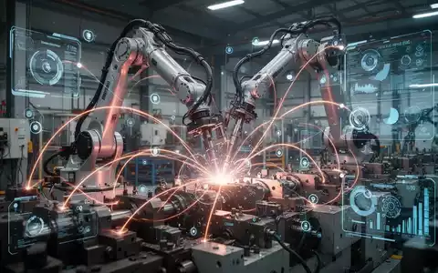 Ein Roboterarm führt Wartungsarbeiten an einer Maschine in einer Industrieanlage durch, mit digitalen Überlagerungen, die Daten und Konnektivität darstellen. - Foto: über boerse-global.de