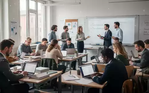 Eine Gruppe Erwachsener lernt in einem modernen Klassenzimmer, einige an Laptops, andere mit einem Trainer am Whiteboard. - Foto: über boerse-global.de