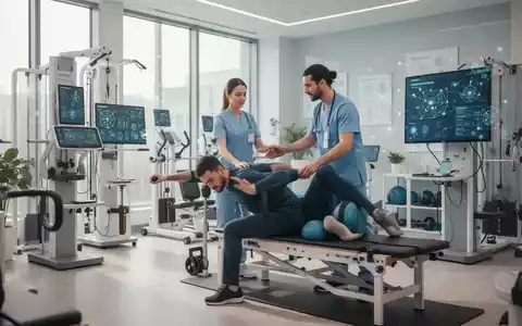 Ein Physiotherapeut hilft einem Patienten in einer modernen Klinik mit Hochtechnologie-Geräten bei einer Bewegungstherapie. - Foto: über boerse-global.de