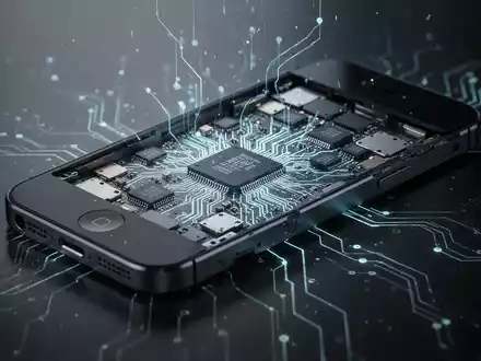 A stylized image of an older iPhone, partially disassembled, with glowing circuit patterns emanating from its interior, on a dark surface. - Foto: über boerse-global.de