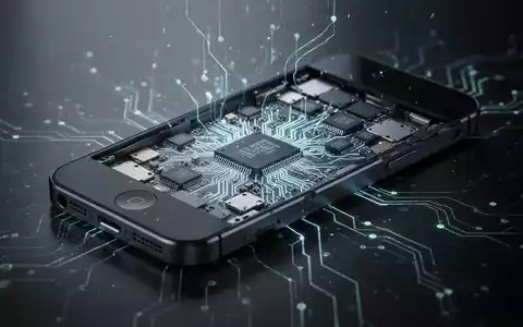 A stylized image of an older iPhone, partially disassembled, with glowing circuit patterns emanating from its interior, on a dark surface. - Foto: über boerse-global.de