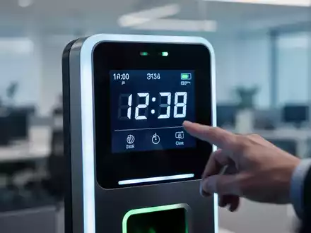 Nahaufnahme einer digitalen Zeiterfassungsuhr oder eines biometrischen Scanners mit einer unscharfen Büro-Umgebung im Hintergrund. - Foto: über boerse-global.de