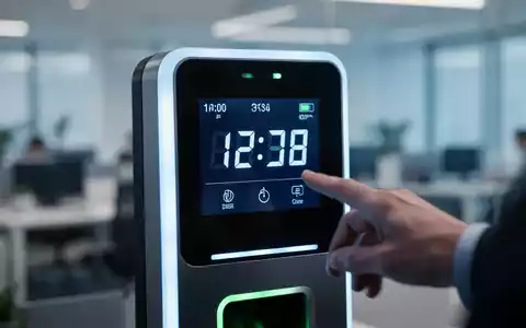 Nahaufnahme einer digitalen Zeiterfassungsuhr oder eines biometrischen Scanners mit einer unscharfen Büro-Umgebung im Hintergrund. - Foto: über boerse-global.de
