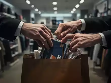 Hände schieben heimlich einen Artikel in eine Tasche in einem Einzelhandelsgeschäft, um Ladendiebstahl darzustellen. - Foto: über boerse-global.de