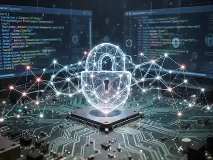 Ein stilisiertes neuronales Netz über einer Leiterplatte mit digitalen Sicherheitselementen und einer Open-Source-Code-Oberfläche. - Foto: über boerse-global.de