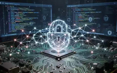 Ein stilisiertes neuronales Netz über einer Leiterplatte mit digitalen Sicherheitselementen und einer Open-Source-Code-Oberfläche. - Foto: über boerse-global.de