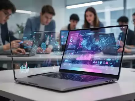 A modern laptop open on a desk, with blurred figures in the background, symbolizing its impact on education and business. - Foto: über boerse-global.de