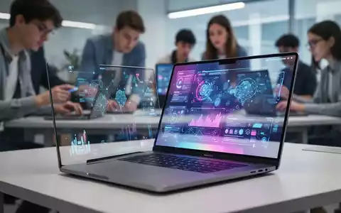 A modern laptop open on a desk, with blurred figures in the background, symbolizing its impact on education and business. - Foto: über boerse-global.de