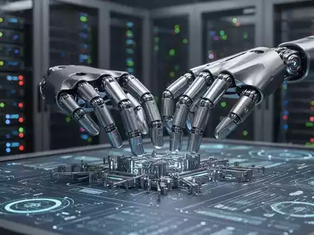 A sophisticated robotic hand, metallic and articulated, performs a delicate task on a workbench, with blurred server racks in the background. - Foto: über boerse-global.de