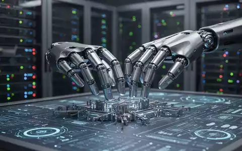 A sophisticated robotic hand, metallic and articulated, performs a delicate task on a workbench, with blurred server racks in the background. - Foto: über boerse-global.de