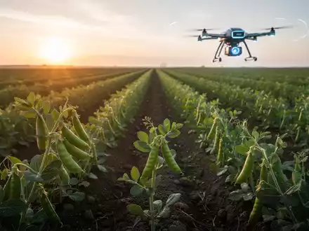 Ein weites Feld mit Erbsenpflanzen bei Sonnenaufgang, im Vordergrund eine einzelne Pflanze mit Schoten. Ein moderner Agrardrohne fliegt im Hintergrund. - Foto: über boerse-global.de