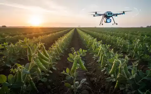 Ein weites Feld mit Erbsenpflanzen bei Sonnenaufgang, im Vordergrund eine einzelne Pflanze mit Schoten. Ein moderner Agrardrohne fliegt im Hintergrund. - Foto: über boerse-global.de