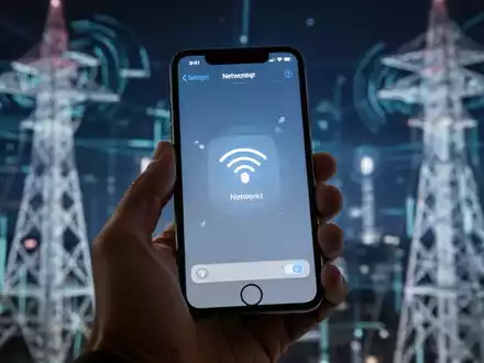 A hand holds an iPhone displaying network settings, symbolizing carrier updates and improved connectivity. Digital signals in the background. - Foto: über boerse-global.de