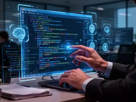Developer's hands interacting with a futuristic holographic IDE displaying code and AI agent icons, symbolizing next-generation development tools. - Foto: über boerse-global.de