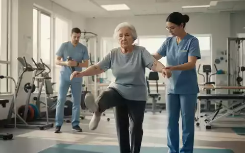 Eine ältere Frau macht Gleichgewichtsübungen mit einem Physiotherapeuten in einem modernen Rehabilitationszentrum. - Foto: über boerse-global.de