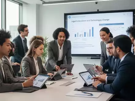 Eine Gruppe von Geschäftsleuten nimmt an einer Schulung in einem modernen Büro teil, um sich über rechtliche und technologische Änderungen zu informieren. - Foto: über boerse-global.de