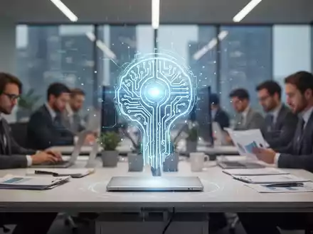 Ein stilisiertes, leuchtendes KI-Agenten-Symbol schwebt über einem modernen Bürotisch, im Hintergrund unscharf arbeitende Personen. - Foto: über boerse-global.de