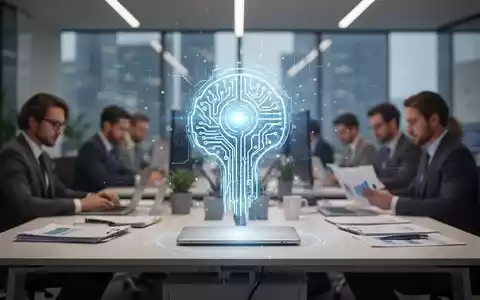 Ein stilisiertes, leuchtendes KI-Agenten-Symbol schwebt über einem modernen Bürotisch, im Hintergrund unscharf arbeitende Personen. - Foto: über boerse-global.de
