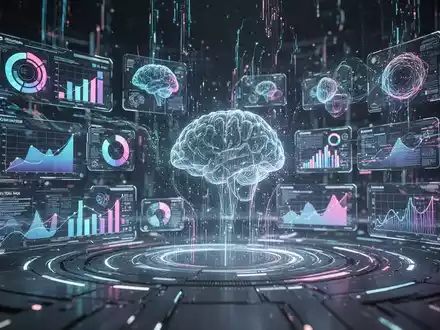 Zukunftsorientierte digitale Benutzeroberfläche mit Produktivitätswerkzeugen, Datenströmen und holografischen Projektionen, die Automatisierung und KI darstellen. - Foto: über boerse-global.de
