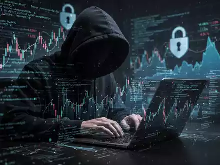 Eine Person in einem Kapuzenpullover tippt auf einem Laptop, umgeben von digitalen Datenströmen, die Cyberkriminalität symbolisieren. - Foto: über boerse-global.de