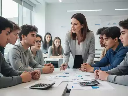 Eine Gruppe von Schülern und ein Lehrer in einem modernen Klassenzimmer, die gemeinsam an einem Tisch arbeiten. - Foto: über boerse-global.de