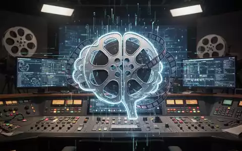 A stylized brain icon intertwined with film reels, glowing with digital streams, set against a blurred film studio control room. - Foto: über boerse-global.de