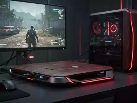 A futuristic gaming console with red accents and a subtle glow, connected to a monitor displaying a game. Represents high-end PC gaming. - Foto: über boerse-global.de