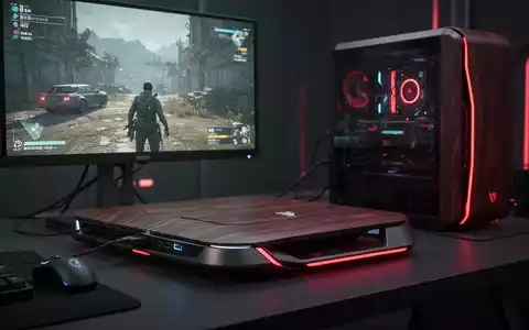 A futuristic gaming console with red accents and a subtle glow, connected to a monitor displaying a game. Represents high-end PC gaming. - Foto: über boerse-global.de