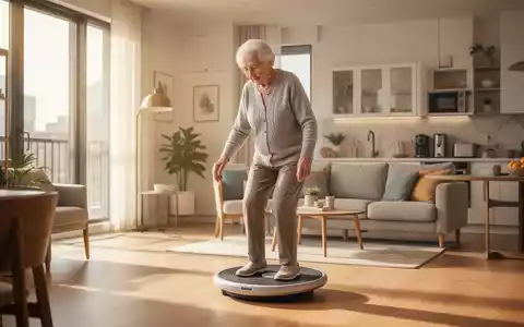 Ein älterer Mensch trainiert auf einem Balance-Board in einer hellen, modernen Wohnung, die auf Barrierefreiheit und Wohlbefinden ausgelegt ist. - Foto: über boerse-global.de