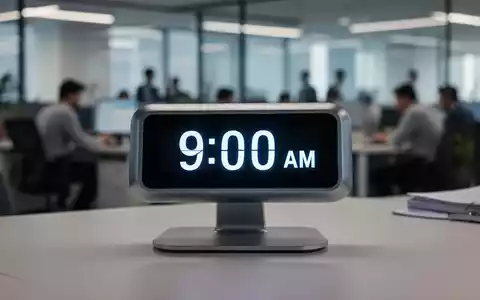 Eine moderne, elegante Schreibtischuhr zeigt '9:00 Uhr' an, mit einem unscharfen Großraumbüro im Hintergrund. - Foto: über boerse-global.de