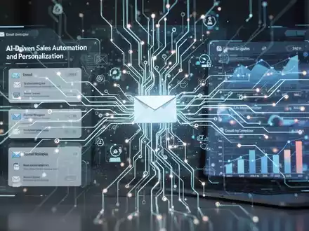 A glowing, abstract neural network design on a digital screen displaying sales email templates and data, symbolizing AI in sales. - Foto: über boerse-global.de