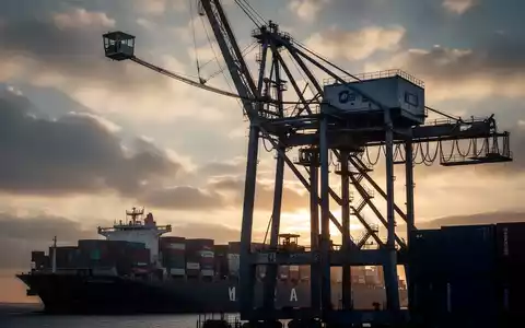 Ein riesiger Hafen-Containerkran mit einer kleinen Kabine in großer Höhe, bei Sonnenaufgang oder -untergang. - Foto: über boerse-global.de