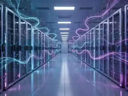 A vast, futuristic server room with rows of glowing supercomputers and abstract digital data streams, symbolizing advanced AI infrastructure. - Foto: über boerse-global.de