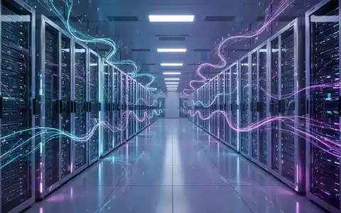 A vast, futuristic server room with rows of glowing supercomputers and abstract digital data streams, symbolizing advanced AI infrastructure. - Foto: über boerse-global.de