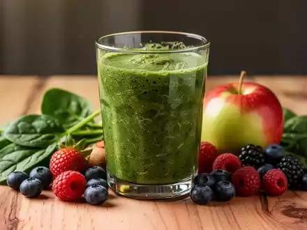 Ein grüner Smoothie in einem Glas mit frischem Obst und Gemüse daneben auf einer Holzoberfläche, das Ballaststoffe betont. - Foto: über boerse-global.de